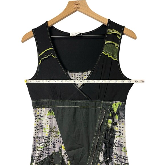 Vintage CACHE Y2K Black Green Graphic Asymmetrical Dress Goth Indie Grunge 40 - Picture 13 of 14